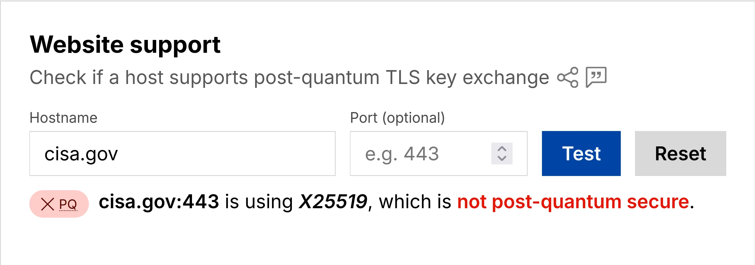 Screenshot of Cloudflare Radar showing cisa.gov not supporting post-quantum cryptography