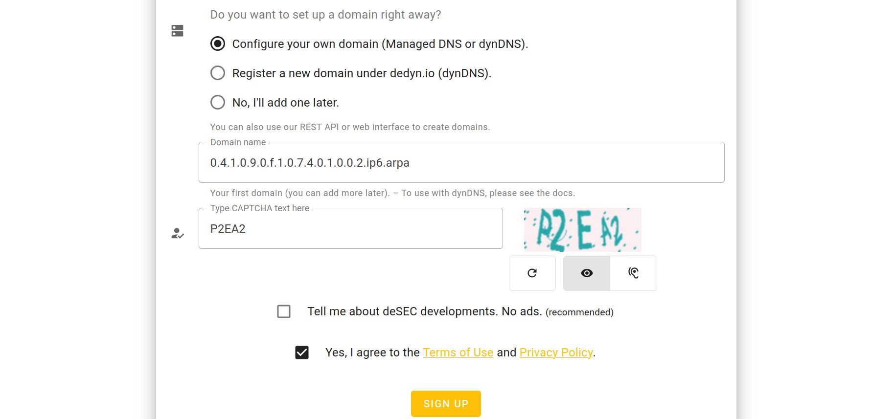 deSEC signup form