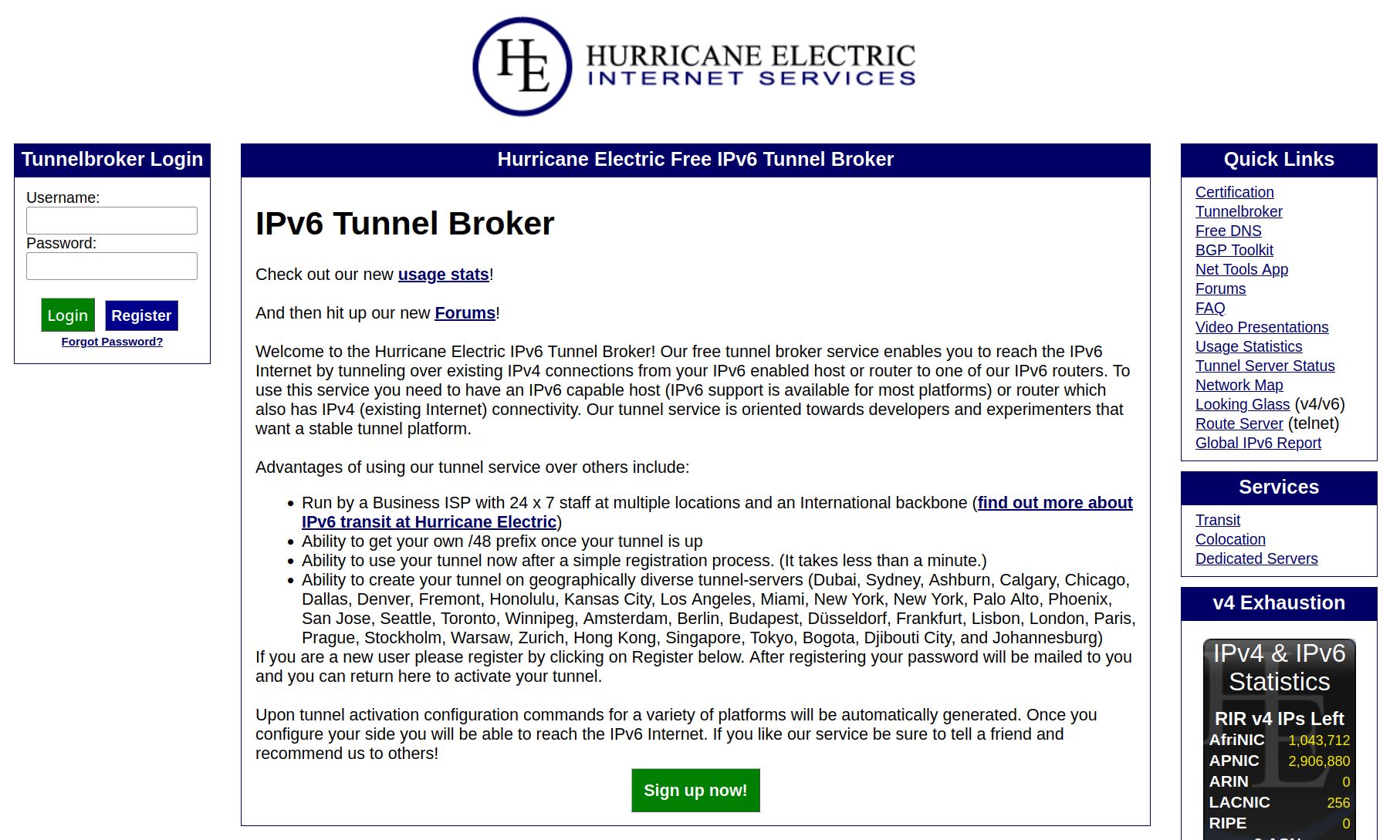 Hurricane Electric Tunnelbroker home page