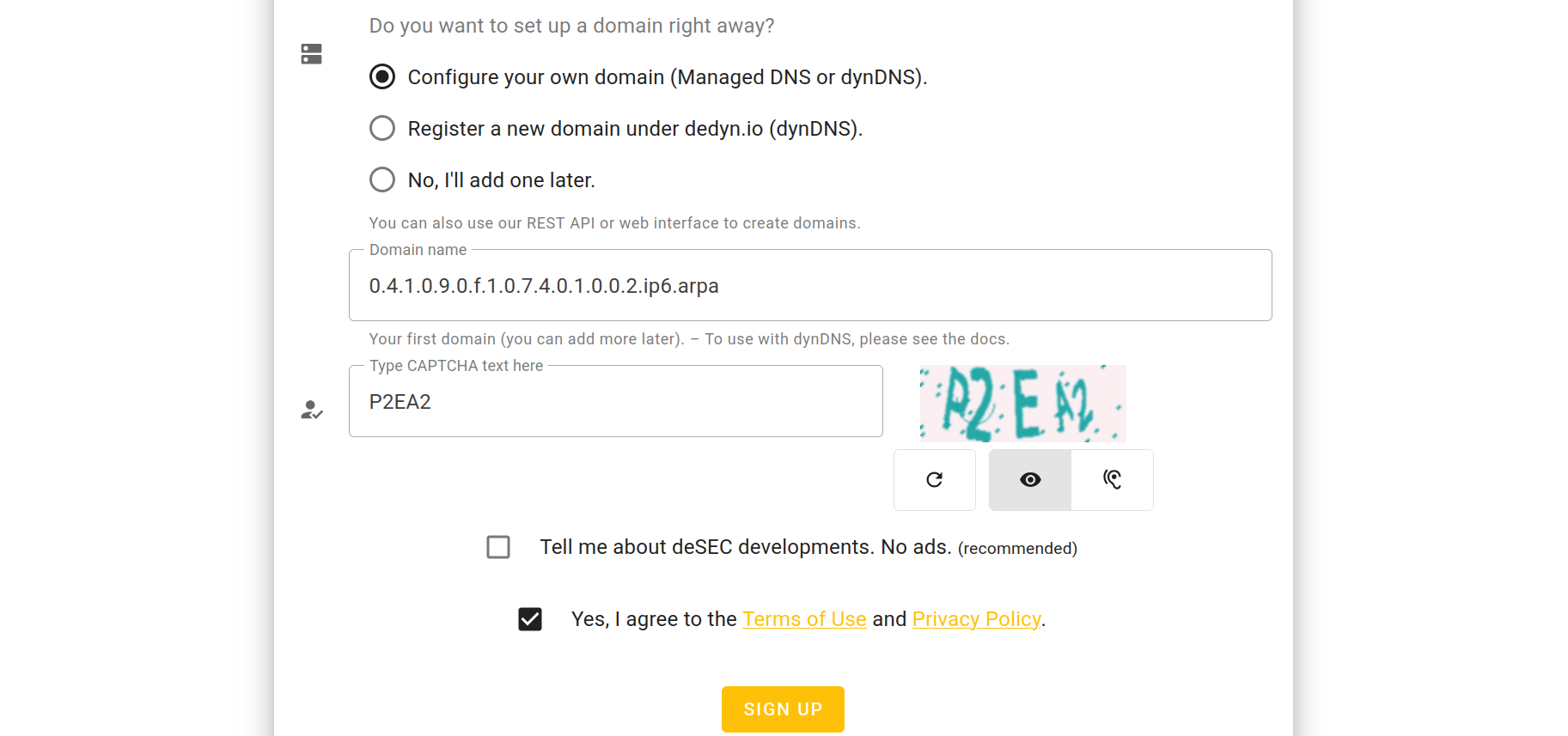 deSEC signup form