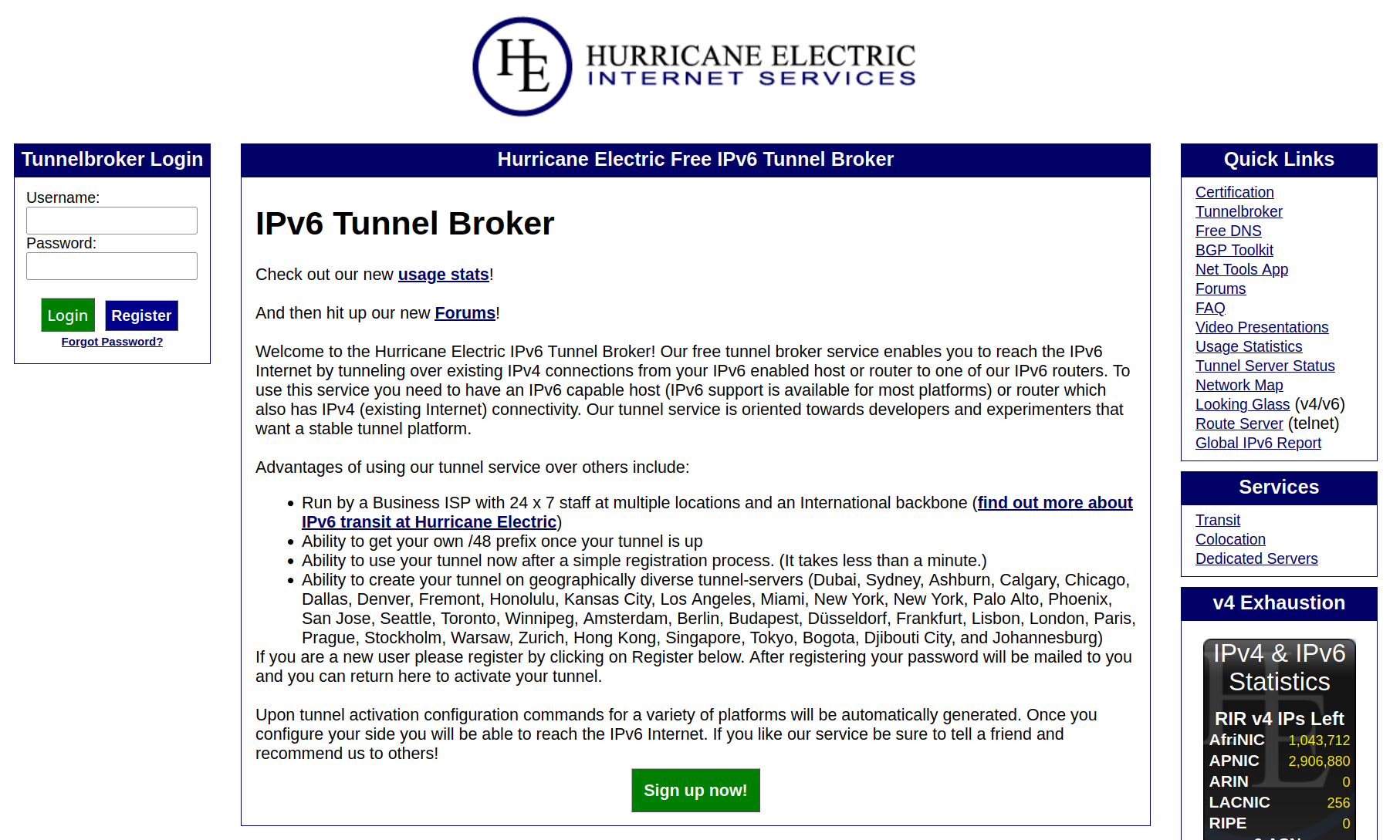 Hurricane Electric Tunnelbroker home page