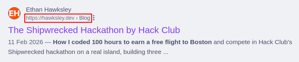 Google search results for The Shipwrecked Hackathon by Hack Club, with the breadcrumbs highlighted